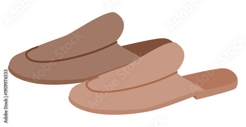 Brown mule slipper shoe women flat pair. Open back house sandal for weekend rest home routine. Technical fashion illustration CAD mockup soft vector man unisex isolated contemporary style.