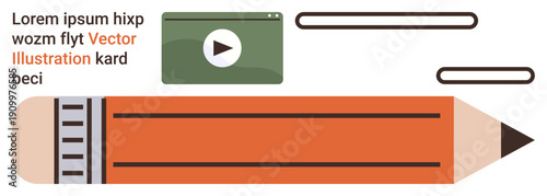 Education, creativity, media, graphic design, learning tools, content creation. Image features a large pencil, a play button and text elements. Education and creativity concept