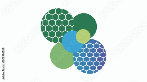 A colorful vector graphic illustration of overlapping circles with honeycomb patterns in shades of green and blue