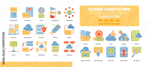 Set of 25 flat color icon related to cloud computing.