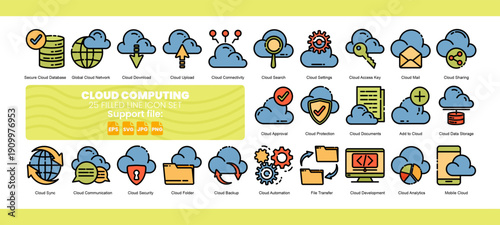 Set of 25 filled line color icon related to cloud computing.