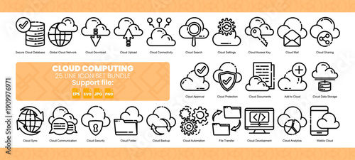 Set of 25 line icon related to cloud computing.