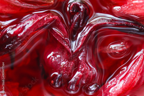 Extreme Macro Texture of Hibiscus Flower Submerged in Red Water, Glossy Roselle Tea Background for Healthy Bakery Cafe Drink Menu, Artistic Botanical Liquid Reflection for Culinary Promotion