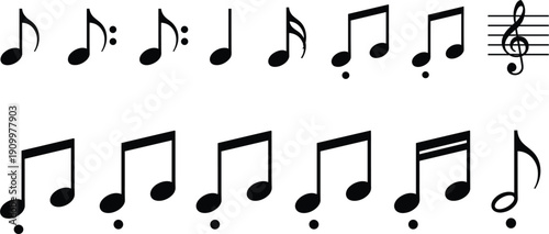 Music Note Icon Set with Treble Clef and Various Musical Symbols for Audio Apps, Sheet Music Design, Songwriting, and Creative Sound Projects