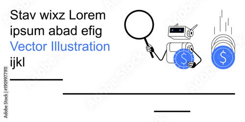 Financial automation, fintech tools, data analysis, technology advancements, digital economy, currency management. Robot holding magnifying glass and coins falling. Financial automation and fintech
