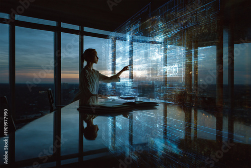 Woman works on a hologram screen, future, ai, modern technologies, copy space banner