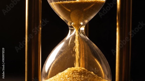 Golden sand falling through a classic hourglass against a dark background