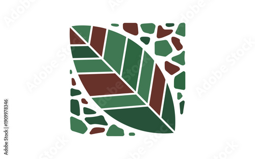 A vibrant mosaic leaf design in shades of green and red on a white background