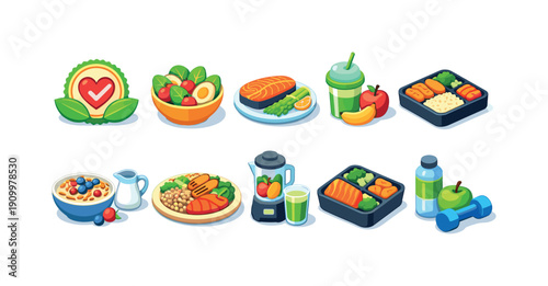 Healthy food and fitness icon set. Balanced diet, meal prep flat icons collection.