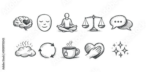 Mental wellness doodle icon set. Mindfulness, relaxation sketch collection