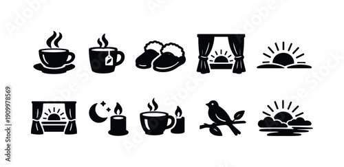 Cozy morning silhouette icon set. Relaxation, sunrise, coffee, tea, candle icons.