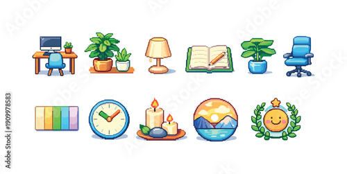 Home and office outline icon set for daily use: plants, furniture, lifestyle