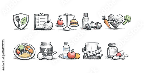 Healthy lifestyle sketch icon set. Nutrition, fitness, wellness doodles collection