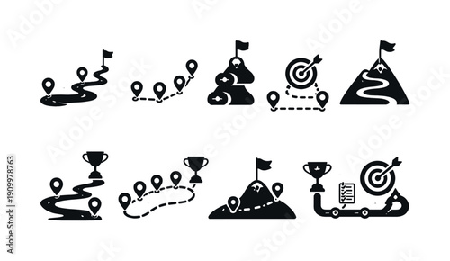 Map navigation silhouette icon set. Direction, route planning symbols silhouette style