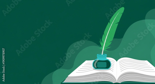 World Poetry Day Vintage Quill Pen and Inkwell on Open Book Against a Deep Green Abstract Background