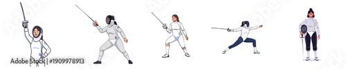Women Fencing Training Set Active Sport Characters Flat Design Illustration
