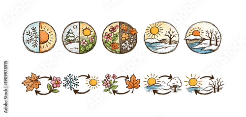 Seasonal changes icon set. Four seasons sketched icon collection, outline style