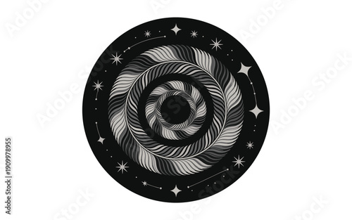 A black and white vector graphic illustration of a spiral galaxy with stars