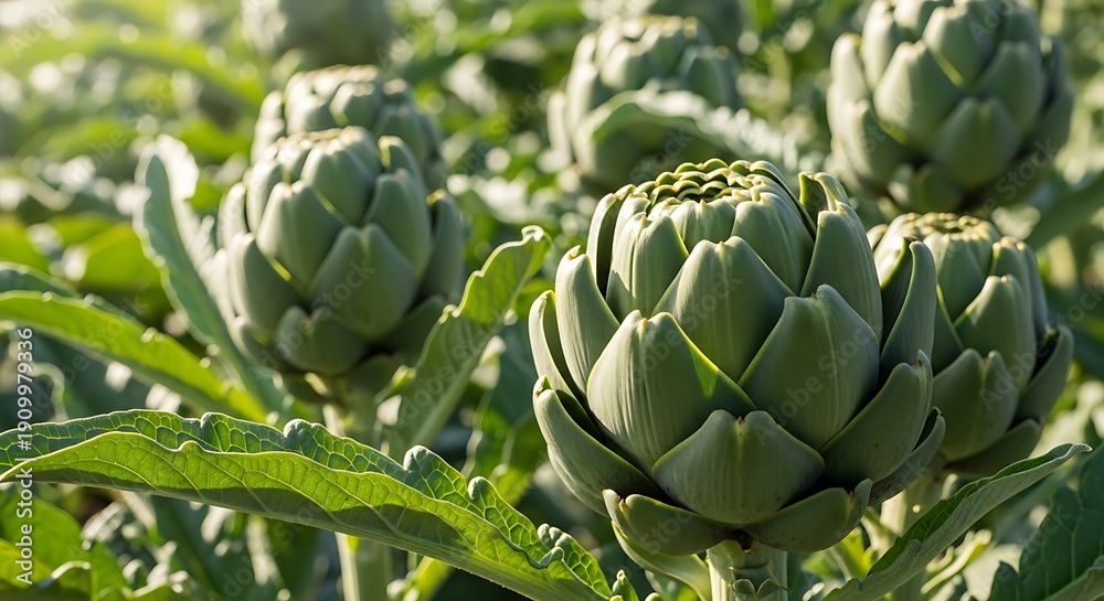 Fototapeta premium Field of fresh green artichokes growing in sunlight with lush green leaves