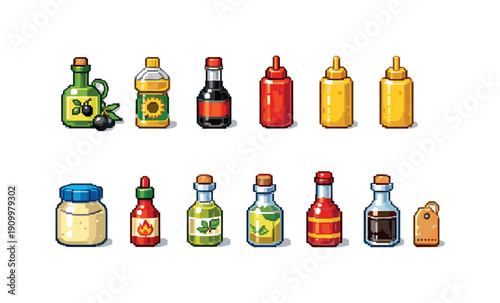 Cooking condiments pixel icon set. Sauce, spice, ingredient icons pixel collection