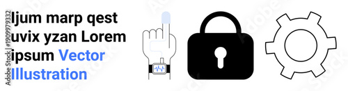 Hand interacting with smartwatch, lock security symbol, cogwheel for settings. Ideal for technology, security, innovation, automation, digital transformation, user interface or simple landing page