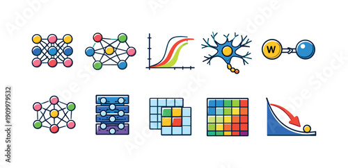 Neural networks flat icon set. Machine learning, artificial intelligence vector icons.
