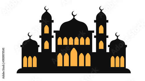 Mosque Silhouette Background with Glowing Windows.Vector Illustration