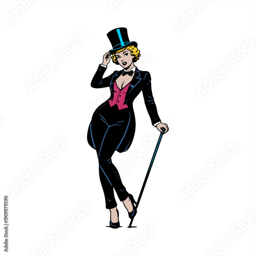 simple stencil vector illustration of pinup girl wearing tuxedo tophat