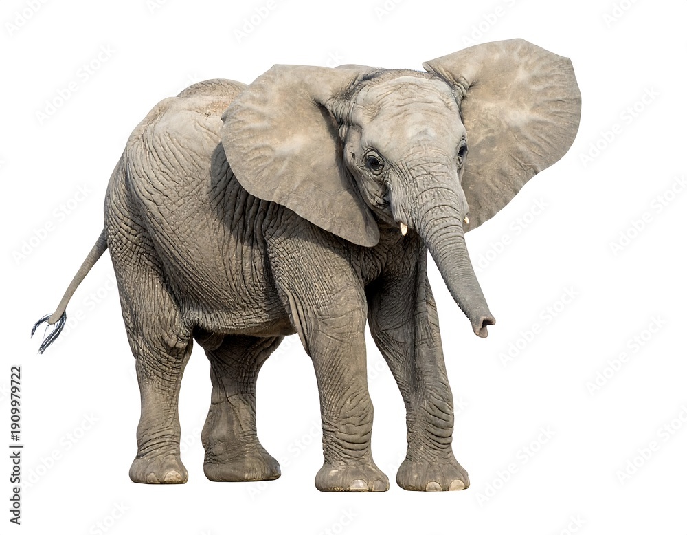 Obraz premium Large, gray mammal with prominent ears and trunk, standing against a stark white backdrop