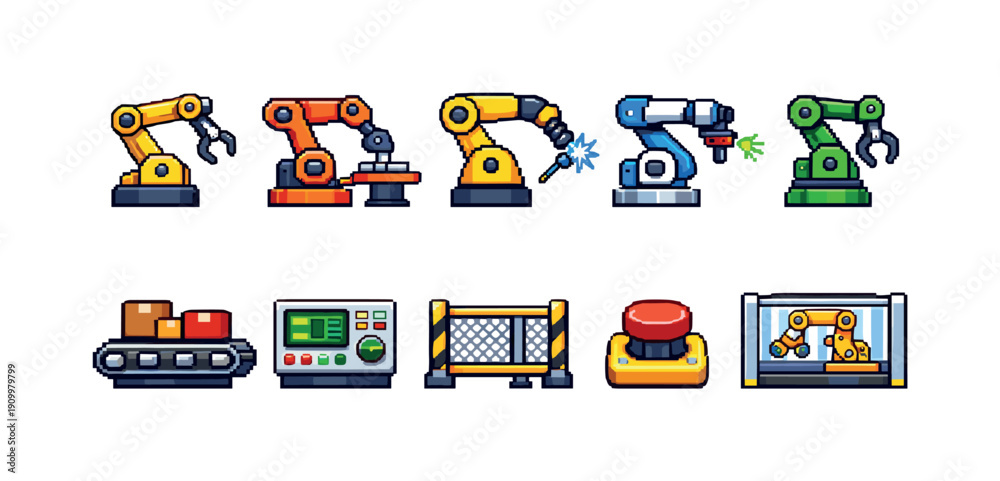 Obraz premium Industrial automation flat icon set. Robotics, machinery, technology icons collection.