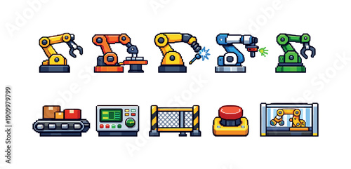 Industrial automation flat icon set. Robotics, machinery, technology icons collection.