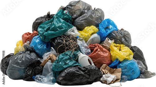 A large messy pile of colorful plastic garbage bags crumpled plastic bottles and discarded cardboard waste representing pollution and environmental issues trash rubbish litter
