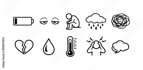 Mental health, emotions line icon set. Stress, mood, depression, anxiety symbols collection