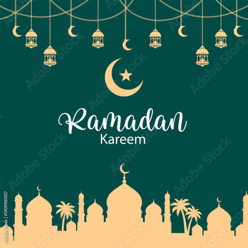 Ramadan Kareem Greeting Islamic Background with Golden Lantern.Vector Illustration