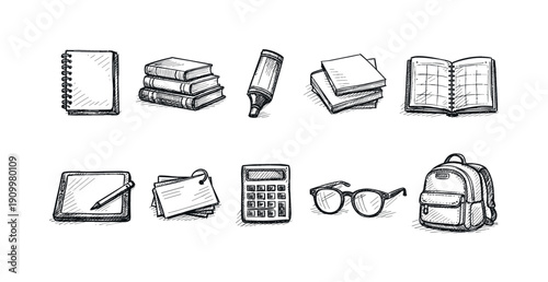 Education, school supplies sketch icon set. Hand-drawn, outline collection for learning
