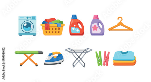 Laundry and cleaning flat icon set. Washing, detergent, clothing icons collection