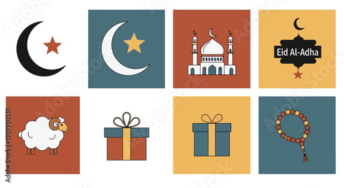 Eid al adha festival icons featuring mosque, sheep, and crescent moon gift boxs prayer beads