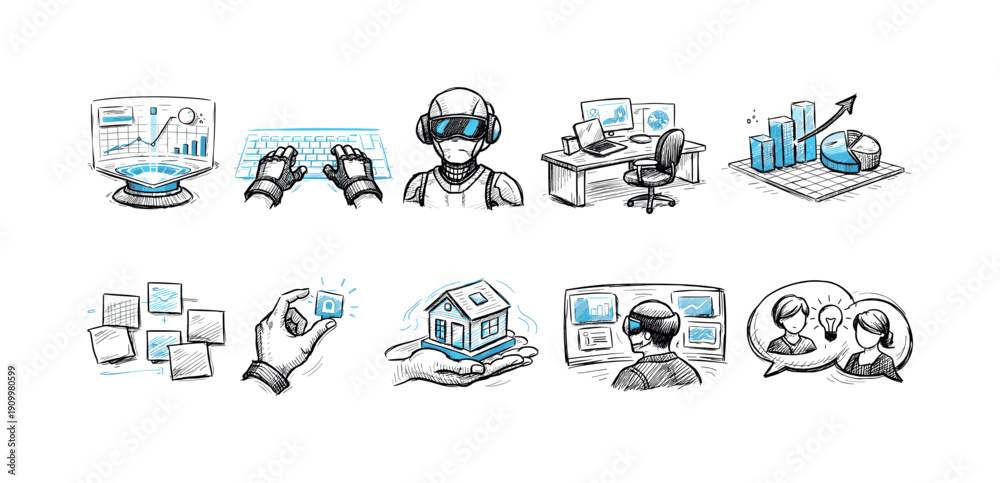 Fototapeta premium Technology, virtual reality sketch icon set. Data analysis and innovation outline graphics