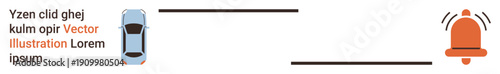Transportation safety, autonomous vehicles, alert systems, road technology, digital communication, automotive innovations. A car and alarm symbol connected by lines. Transportation safety