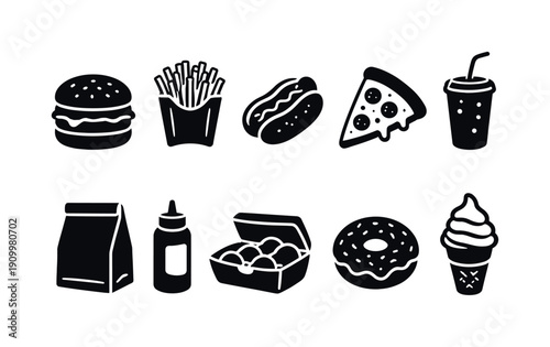 Fast food silhouette icon set. Burgers, pizza, drinks silhouettes collection.