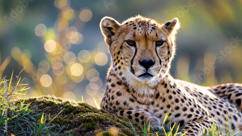 Intense close-up of a wild cheetah resting on a grassy mound, bathed in golden hour light and stunning bokeh, ideal for cinematic wildlife footage.
