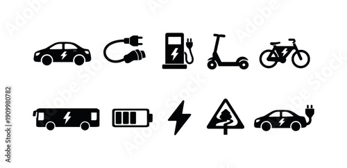Electric vehicle silhouette icon set. Charging, transportation, eco-friendly symbols
