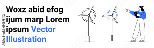 Technician pointing at wind turbines while holding a report or tablet. Ideal for renewable energy, environmental studies, technology, research, teamwork, sustainability, simple landing page