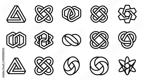 Collection of impossible shapes and abstract symbols featuring minimalist black line art icons of knots, paradoxes, and infinite loops for modern logo and emblem design