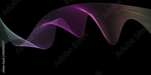 Abstract wave lines pattern dynamic colorful light flowing isolated on black background. Vector illustration design element in concept of music, party, technology, modern.