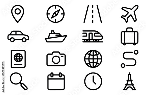 Collection of black outline travel icons representing transportation, navigation, vacation, and tourism concepts in a minimalist linear graphic style