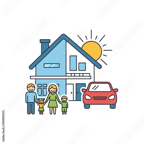 Family with modern house and car on sunny day