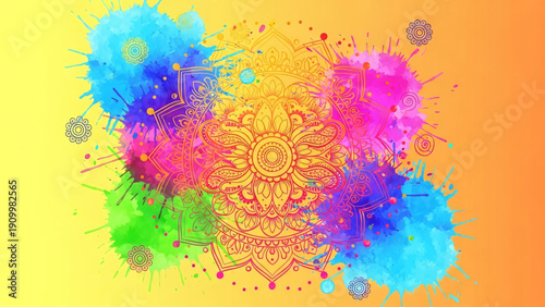 Vibrant Colored Powder Explosion with Mandala.