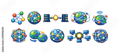 Networking, global connectivity icon set. Flat globe and technology icons collection