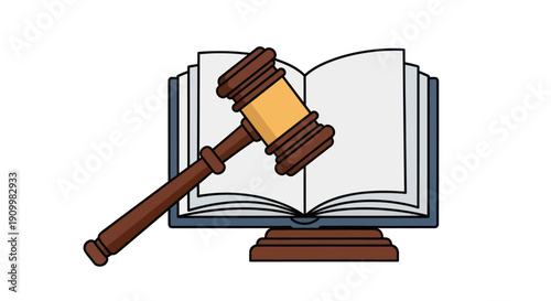 Judge's gavel on open law book representing justice and court